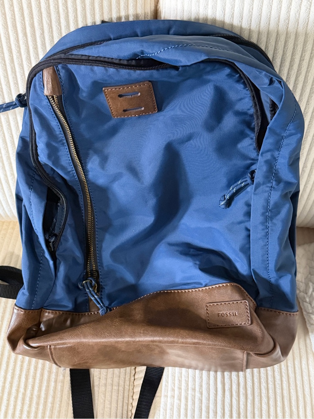 Fossil Blue Nylon Backpack with Brown Leather Base